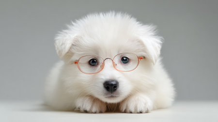 Fluffy puppy wearing clear glasses on white background, clean and modern with wide copy spaceの素材