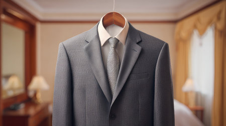 Gray business suit on a hanger in a dressing room setting, mirror and neutral colors in the background with copy spaceの素材