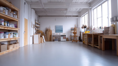 Light-filled art room with neutral palette, shelves full of tools, and wide empty space in the middleの素材