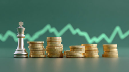High-angle view of a chessboard with rows of coins increasing in size and a line chart graph moving aboveの素材