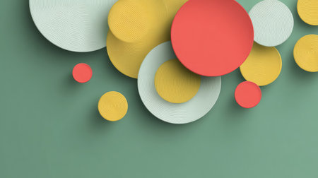 Flat pastel circles arranged on geometric background with cube shadows, stylish composition with room for overlayの素材