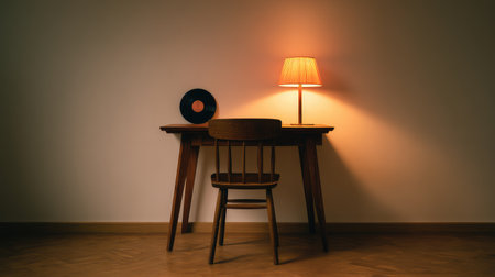 Minimal home studio with Scandinavian style desk, calm lighting, and blank walls for creativityの素材