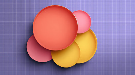 Modern abstract background with overlapping flat circles in soft pastel colors on a geometric grid pattern, minimal design with clean copy spaceの素材