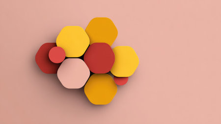 Modern background with flat circles arranged in harmony on geometric hexagon grid, minimal and stylish with copy spaceの素材