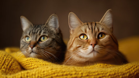 Two cats resting on a knitted blanket in a minimalist living room setting with warm lighting and ample copy spaceの素材