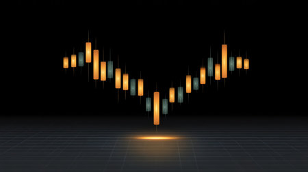 Zoomed candlestick chart with breakouts and volume analysis on a grid screen with dark tone and spaceの素材