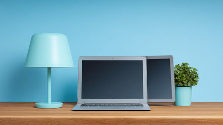 Workspace mockup featuring modern laptop, potted plant, mousepad, and desk lamp on wooden table, open compositionの素材