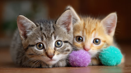 Two kittens playing with soft toys on a hardwood floor near a comfy chair and potted plants, open spaceの素材