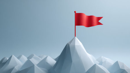 Paper mountain and flag on top symbolizing reaching business objectives, minimal composition with ample copy spaceの素材