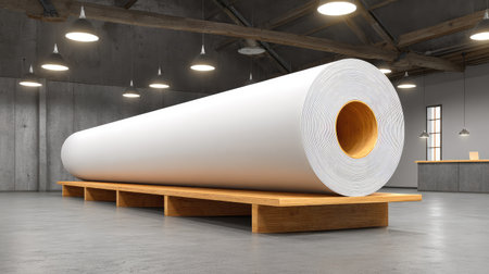 Open creative floor plan with long desk, paper roll, and modern fixtures, clean copy space aroundの素材