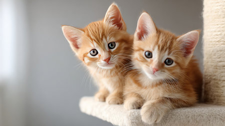 Playful kittens climbing on a cat tree near a bright window in a stylish home interior with blank wallsの素材