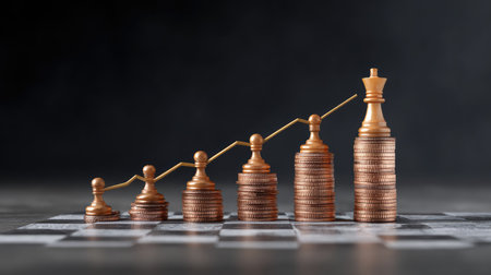 Strategic layout of coins on a chessboard under a rising line graph, dark background and elegant composition with copy spaceの素材