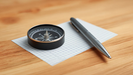 Office desk setup with minimal props compass, graph paper, and pen, implying goal direction with spaceの素材