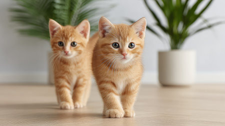 Playful kittens running across a wooden floor beside indoor plants in a bright and minimalist living roomの素材