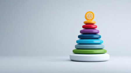 Stacked business icons forming pyramid toward a goal icon, abstract background and white spaceの素材