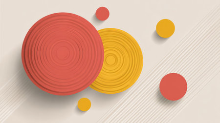 Simple background with bold flat circles and diagonal lines creating visual rhythm, abstract design with blank areaの素材