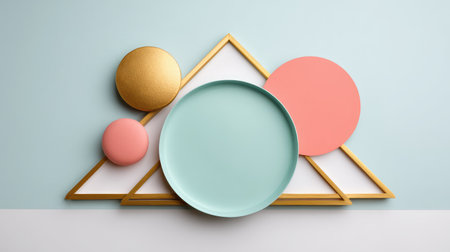 Pastel circle elements on white geometric background with triangle and square overlays, clean with copy spaceの素材