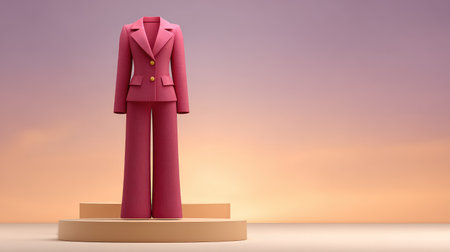 Well-tailored blazer and trousers set on minimalist stand in studio, with soft gradient background and copy spaceの素材