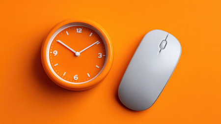 Open-concept workstation with laptop, wireless mouse, desk clock, and copy space for brandingの素材