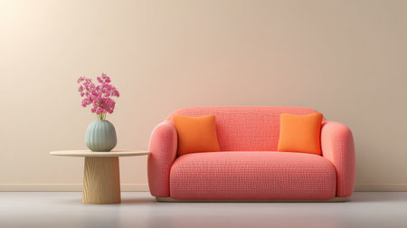 Pastel-colored living space with pink sofa, round table, soft lighting, and blank wall with copy spaceの素材