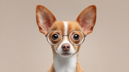 Adorable dog wearing stylish round glasses sitting calmly on a neutral background with plenty of copy space for text or designの素材