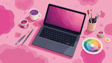 Artistic flat layout with laptop and design accessories like brushes and color wheel on clean backgroundの素材