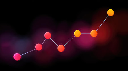Abstract line graph with glowing points marking milestones, dark background and empty space for overlaysの素材