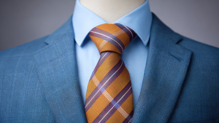 Close-up of suit collar and tie details with blurred neutral background and space for overlay or brandingの素材