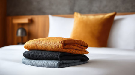 Business attire laid on a bed with modern decor, folded neatly with surrounding empty spaceの素材