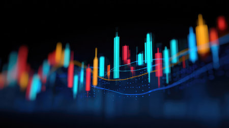 Business screen showing stock prices with volume, candlesticks, and technical lines in dynamic layoutの素材