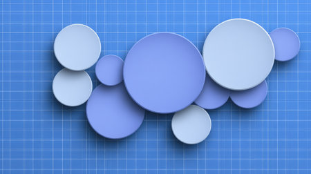 Clean background with layered flat round elements and grid pattern overlay, modern and simple with spaceの素材