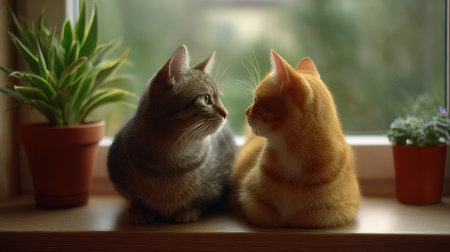 Cats sitting side by side on a windowsill looking outside, bright daylight and plants in a cozy homeの素材