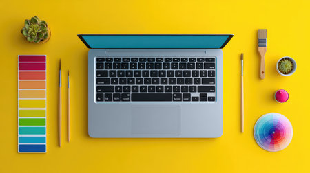 Artistic flat layout with laptop and design accessories like brushes and color wheel on clean backgroundの素材