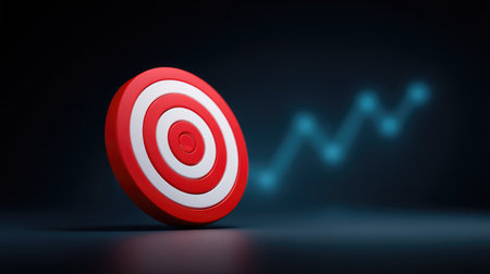 Bullseye target icon on digital screen with ascending graph in the background, modern style with copy spaceの素材
