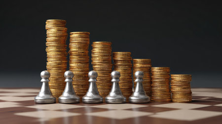 Chessboard with climbing coin stacks from one side to another, reflecting an upward trend line aboveの素材