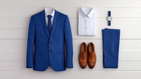 Flat lay of full business suit attire on white table jacket, pants, tie, and shirt, with lots of space aroundの素材