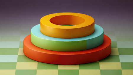 Colorful flat rings and circles layered on a faded checkerboard geometry, soft light and minimal spaceの素材