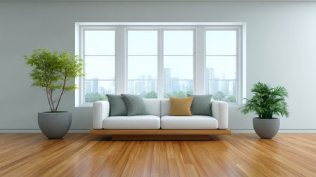 Minimalist living space with low table, white couch, indoor plants, and large windows, bright and clean with copy spaceの素材