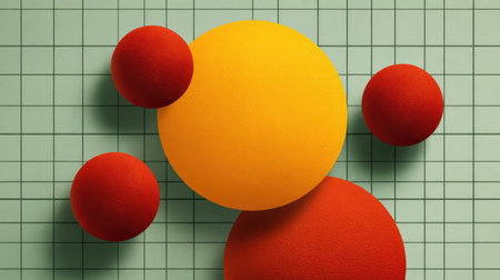 Graphic background with bold round elements on square tile grid, modern vector-style design with spaceの素材