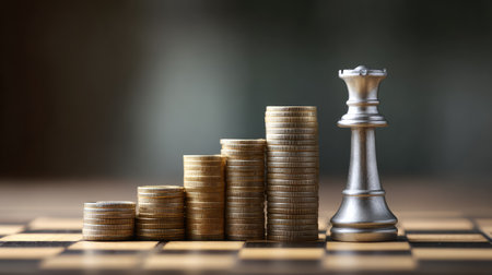 Strategic financial theme with coins and bar chart on chessboard tiles, implying calculated business moves, with spaceの素材