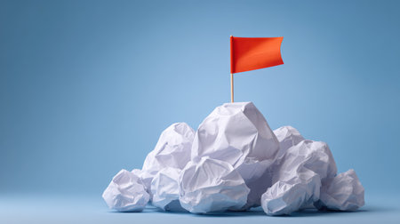 Paper mountain and flag on top symbolizing reaching business objectives, minimal composition with ample copy spaceの素材