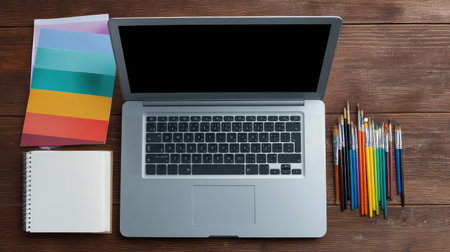 Top view of laptop and creative tools like pens, sketch pad, and color palettes on wood table with spaceの素材