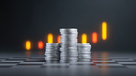 Silver coin stacks on a chessboard square by square, aligned with glowing financial indicators above, space for textの素材