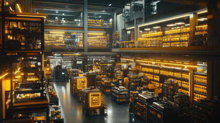 AI-powered machines and robots in a smart factory working in sync, digital interfaces and glowing neon lights illuminating the automated production line with copy space.の素材