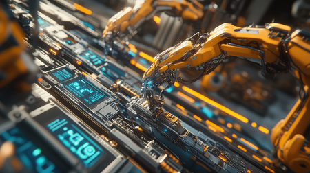 AI-driven smart factory with automated systems working together, robotic arms assembling and moving goods on a conveyor belt, digital interfaces in the background with copy space.の素材