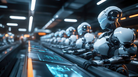 AI-powered machines and robots in a smart factory working in sync, digital interfaces and glowing neon lights illuminating the automated production line with copy space.の素材