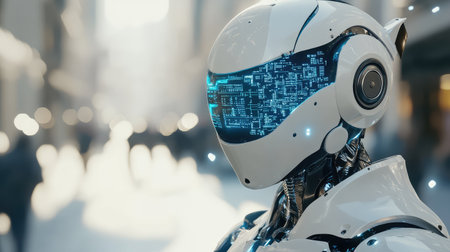 Advanced robotic AI interface with futuristic HUD elements, artificial intelligence concept, blue glowing circuit board, and copy space for automation.の素材