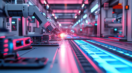 Advanced robotic arm welding metal parts in an automated factory, sparks flying in a high-tech manufacturing environment with cyber blue lighting and copy space.の素材