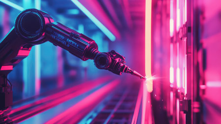 AI-controlled robotic arm welding metal in a futuristic factory, industrial automation with neon lighting effects and copy space for technology.の素材
