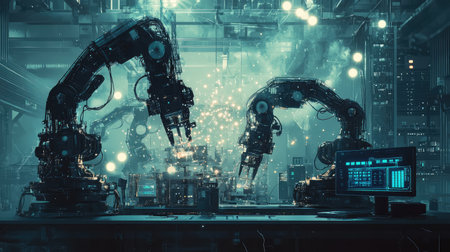 AI-driven smart factory floor with industrial robots performing complex assembly tasks, digital control panels and automated systems working together with a glowing tech background and copy space.の素材